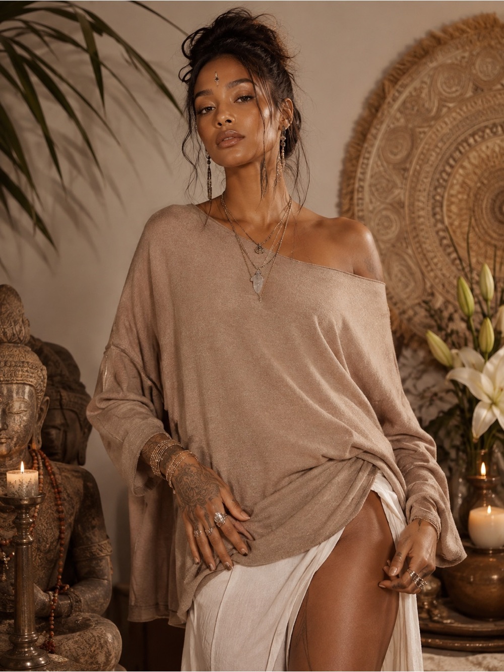 Blu Ivy NWT Bohemian Oversized Dolman Boat Neck Tunic Top Taupe Off-Shoulder S/M